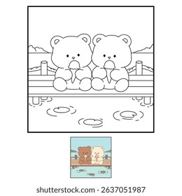 Hand Drawn Outline of Bear Couple Eating Ice Cream at the Lake with Mountain and Water Lilies. Summer Coloring Page with a Cute Couple of Bears Sitting on a Dock Eating Ice Cream. Cozy Coloring Page.