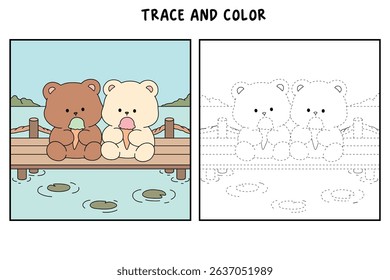 Hand Drawn Outline of Bear Couple Eating Ice Cream at the Lake with Mountain and Water Lilies. Summer Coloring Page with a Cute Couple of Bears Sitting on a Dock Eating Ice Cream. Cozy Coloring Page.