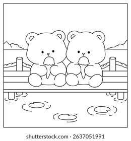 Hand Drawn Outline of Bear Couple Eating Ice Cream at the Lake with Mountain and Water Lilies. Summer Coloring Page with a Cute Couple of Bears Sitting on a Dock Eating Ice Cream. Cozy Coloring Page.