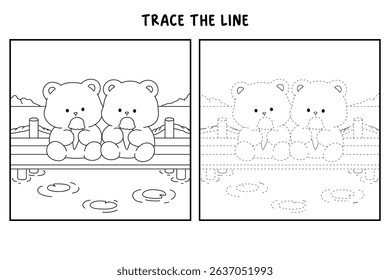 Hand Drawn Outline of Bear Couple Eating Ice Cream at the Lake with Mountain and Water Lilies. Summer Coloring Page with a Cute Couple of Bears Sitting on a Dock Eating Ice Cream. Cozy Coloring Page.