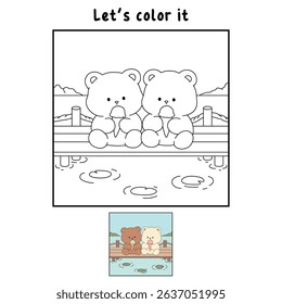 Hand Drawn Outline of Bear Couple Eating Ice Cream at the Lake with Mountain and Water Lilies. Summer Coloring Page with a Cute Couple of Bears Sitting on a Dock Eating Ice Cream. Cozy Coloring Page.