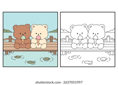 Hand Drawn Outline of Bear Couple Eating Ice Cream at the Lake with Mountain and Water Lilies. Summer Coloring Page with a Cute Couple of Bears Sitting on a Dock Eating Ice Cream. Cozy Coloring Page.