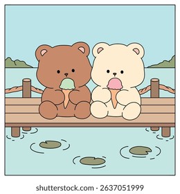 Hand Drawn Outline of Bear Couple Eating Ice Cream at the Lake with Mountain and Water Lilies. Summer Coloring Page with a Cute Couple of Bears Sitting on a Dock Eating Ice Cream. Cozy Coloring Page.