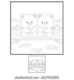 Hand Drawn Outline of Bear Couple Eating Ice Cream at the Lake with Mountain and Water Lilies. Summer Coloring Page with a Cute Couple of Bears Sitting on a Dock Eating Ice Cream. Cozy Coloring Page.