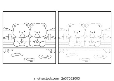 Hand Drawn Outline of Bear Couple Eating Ice Cream at the Lake with Mountain and Water Lilies. Summer Coloring Page with a Cute Couple of Bears Sitting on a Dock Eating Ice Cream. Cozy Coloring Page.