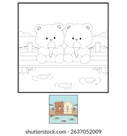 Hand Drawn Outline of Bear Couple Eating Ice Cream at the Lake with Mountain and Water Lilies. Summer Coloring Page with a Cute Couple of Bears Sitting on a Dock Eating Ice Cream. Cozy Coloring Page.