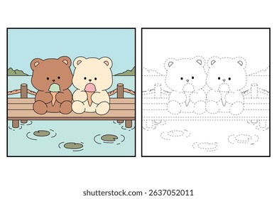 Hand Drawn Outline of Bear Couple Eating Ice Cream at the Lake with Mountain and Water Lilies. Summer Coloring Page with a Cute Couple of Bears Sitting on a Dock Eating Ice Cream. Cozy Coloring Page.