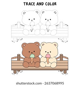 Hand Drawn Outline of Bear Couple Eating Ice Cream at the Lake. Summer Coloring Page with a Cute Couple of Bears Sitting on a Dock Eating Ice Cream Together. Cute Cozy Coloring Page. 