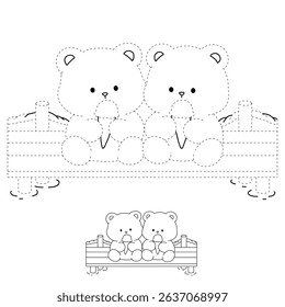 Hand Drawn Outline of Bear Couple Eating Ice Cream at the Lake. Summer Coloring Page with a Cute Couple of Bears Sitting on a Dock Eating Ice Cream Together. Cute Cozy Coloring Page. 