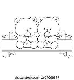 Hand Drawn Outline of Bear Couple Eating Ice Cream at the Lake. Summer Coloring Page with a Cute Couple of Bears Sitting on a Dock Eating Ice Cream Together. Cute Cozy Coloring Page. 