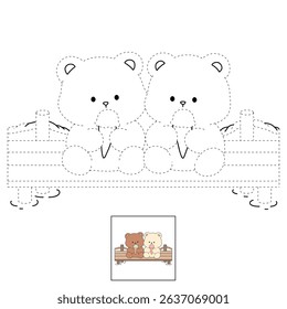 Hand Drawn Outline of Bear Couple Eating Ice Cream at the Lake. Summer Coloring Page with a Cute Couple of Bears Sitting on a Dock Eating Ice Cream Together. Cute Cozy Coloring Page. 