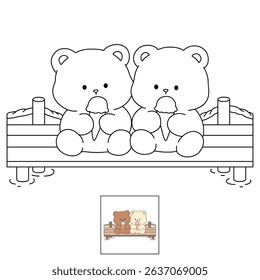 Hand Drawn Outline of Bear Couple Eating Ice Cream at the Lake. Summer Coloring Page with a Cute Couple of Bears Sitting on a Dock Eating Ice Cream Together. Cute Cozy Coloring Page. 