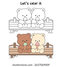 Hand Drawn Outline of Bear Couple Eating Ice Cream at the Lake. Summer Coloring Page with a Cute Couple of Bears Sitting on a Dock Eating Ice Cream Together. Cute Cozy Coloring Page. 