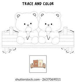 Hand Drawn Outline of Bear Couple Eating Ice Cream at the Lake. Summer Coloring Page with a Cute Couple of Bears Sitting on a Dock Eating Ice Cream Together. Cute Cozy Coloring Page. 