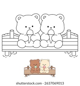 Hand Drawn Outline of Bear Couple Eating Ice Cream at the Lake. Summer Coloring Page with a Cute Couple of Bears Sitting on a Dock Eating Ice Cream Together. Cute Cozy Coloring Page. 