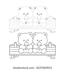 Hand Drawn Outline of Bear Couple Eating Ice Cream at the Lake. Summer Coloring Page with a Cute Couple of Bears Sitting on a Dock Eating Ice Cream Together. Cute Cozy Coloring Page. 