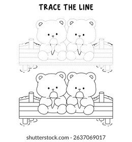 Hand Drawn Outline of Bear Couple Eating Ice Cream at the Lake. Summer Coloring Page with a Cute Couple of Bears Sitting on a Dock Eating Ice Cream Together. Cute Cozy Coloring Page. 