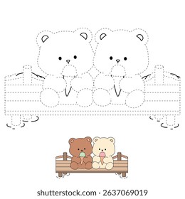 Hand Drawn Outline of Bear Couple Eating Ice Cream at the Lake. Summer Coloring Page with a Cute Couple of Bears Sitting on a Dock Eating Ice Cream Together. Cute Cozy Coloring Page. 
