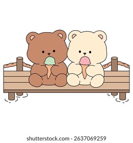 Hand Drawn Outline of Bear Couple Eating Ice Cream at the Lake. Summer Coloring Page with a Cute Couple of Bears Sitting on a Dock Eating Ice Cream Together. Cute Cozy Coloring Page. 