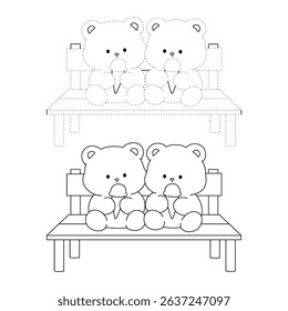 Hand Drawn Outline of Bear Couple Eating Ice Cream. Summer Coloring Page with a Cute Couple of Bears Sitting on a Bench Eating Ice Cream Together. Cute Cozy Coloring Page. Trace and Color Cute Bear.