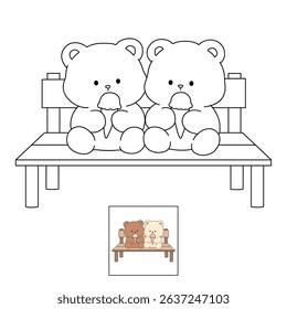 Hand Drawn Outline of Bear Couple Eating Ice Cream. Summer Coloring Page with a Cute Couple of Bears Sitting on a Bench Eating Ice Cream Together. Cute Cozy Coloring Page. Trace and Color Cute Bear.