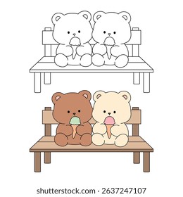 Hand Drawn Outline of Bear Couple Eating Ice Cream. Summer Coloring Page with a Cute Couple of Bears Sitting on a Bench Eating Ice Cream Together. Cute Cozy Coloring Page. Trace and Color Cute Bear.