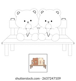 Hand Drawn Outline of Bear Couple Eating Ice Cream. Summer Coloring Page with a Cute Couple of Bears Sitting on a Bench Eating Ice Cream Together. Cute Cozy Coloring Page. Trace and Color Cute Bear.