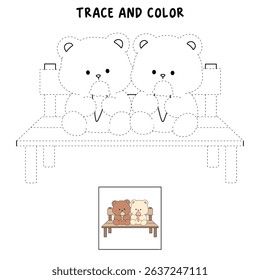 Hand Drawn Outline of Bear Couple Eating Ice Cream. Summer Coloring Page with a Cute Couple of Bears Sitting on a Bench Eating Ice Cream Together. Cute Cozy Coloring Page. Trace and Color Cute Bear.