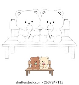 Hand Drawn Outline of Bear Couple Eating Ice Cream. Summer Coloring Page with a Cute Couple of Bears Sitting on a Bench Eating Ice Cream Together. Cute Cozy Coloring Page. Trace and Color Cute Bear.
