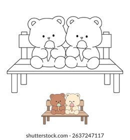 Hand Drawn Outline of Bear Couple Eating Ice Cream. Summer Coloring Page with a Cute Couple of Bears Sitting on a Bench Eating Ice Cream Together. Cute Cozy Coloring Page. Trace and Color Cute Bear.