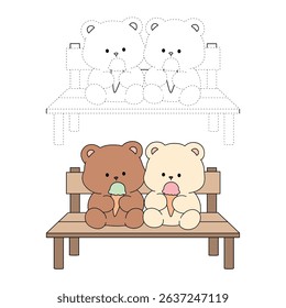 Hand Drawn Outline of Bear Couple Eating Ice Cream. Summer Coloring Page with a Cute Couple of Bears Sitting on a Bench Eating Ice Cream Together. Cute Cozy Coloring Page. Trace and Color Cute Bear.