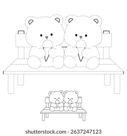 Hand Drawn Outline of Bear Couple Eating Ice Cream. Summer Coloring Page with a Cute Couple of Bears Sitting on a Bench Eating Ice Cream Together. Cute Cozy Coloring Page. Trace and Color Cute Bear.
