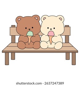 Hand Drawn Outline of Bear Couple Eating Ice Cream. Summer Coloring Page with a Cute Couple of Bears Sitting on a Bench Eating Ice Cream Together. Cute Cozy Coloring Page.