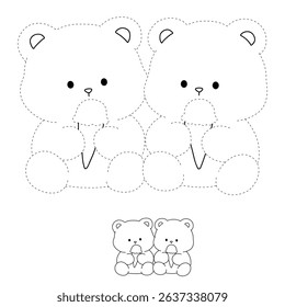 Hand Drawn Outline of Bear Couple Eating Ice Cream. Summer Coloring Page with a Cute Couple of Bears Eating Ice Cream Together. Cute Cozy Coloring Page. Trace and Color Bear Eating Ice Cream Cone.