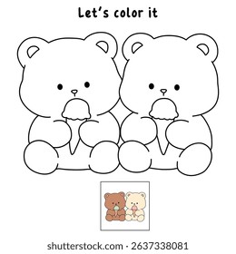 Hand Drawn Outline of Bear Couple Eating Ice Cream. Summer Coloring Page with a Cute Couple of Bears Eating Ice Cream Together. Cute Cozy Coloring Page. Trace and Color Bear Eating Ice Cream Cone.