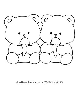 Hand Drawn Outline of Bear Couple Eating Ice Cream. Summer Coloring Page with a Cute Couple of Bears Eating Ice Cream Together. Cute Cozy Coloring Page. Trace and Color Bear Eating Ice Cream Cone.