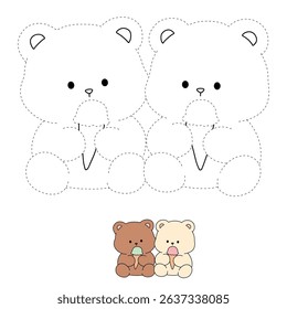 Hand Drawn Outline of Bear Couple Eating Ice Cream. Summer Coloring Page with a Cute Couple of Bears Eating Ice Cream Together. Cute Cozy Coloring Page. Trace and Color Bear Eating Ice Cream Cone.