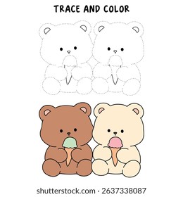 Hand Drawn Outline of Bear Couple Eating Ice Cream. Summer Coloring Page with a Cute Couple of Bears Eating Ice Cream Together. Cute Cozy Coloring Page. Trace and Color Bear Eating Ice Cream Cone.