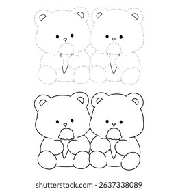 Hand Drawn Outline of Bear Couple Eating Ice Cream. Summer Coloring Page with a Cute Couple of Bears Eating Ice Cream Together. Cute Cozy Coloring Page. Trace and Color Bear Eating Ice Cream Cone.