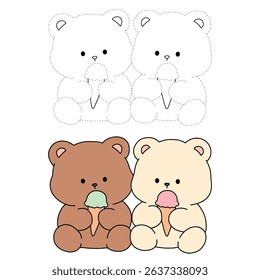 Hand Drawn Outline of Bear Couple Eating Ice Cream. Summer Coloring Page with a Cute Couple of Bears Eating Ice Cream Together. Cute Cozy Coloring Page. Trace and Color Bear Eating Ice Cream Cone.
