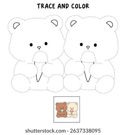 Hand Drawn Outline of Bear Couple Eating Ice Cream. Summer Coloring Page with a Cute Couple of Bears Eating Ice Cream Together. Cute Cozy Coloring Page. Trace and Color Bear Eating Ice Cream Cone.
