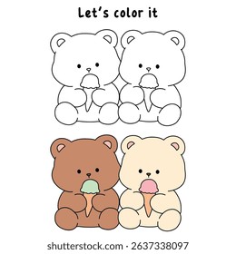 Hand Drawn Outline of Bear Couple Eating Ice Cream. Summer Coloring Page with a Cute Couple of Bears Eating Ice Cream Together. Cute Cozy Coloring Page. Trace and Color Bear Eating Ice Cream Cone.