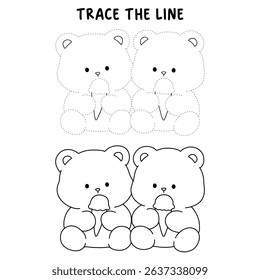 Hand Drawn Outline of Bear Couple Eating Ice Cream. Summer Coloring Page with a Cute Couple of Bears Eating Ice Cream Together. Cute Cozy Coloring Page. Trace and Color Bear Eating Ice Cream Cone.