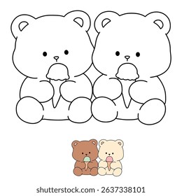 Hand Drawn Outline of Bear Couple Eating Ice Cream. Summer Coloring Page with a Cute Couple of Bears Eating Ice Cream Together. Cute Cozy Coloring Page. Trace and Color Bear Eating Ice Cream Cone.