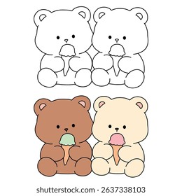 Hand Drawn Outline of Bear Couple Eating Ice Cream. Summer Coloring Page with a Cute Couple of Bears Eating Ice Cream Together. Cute Cozy Coloring Page. Trace and Color Bear Eating Ice Cream Cone.