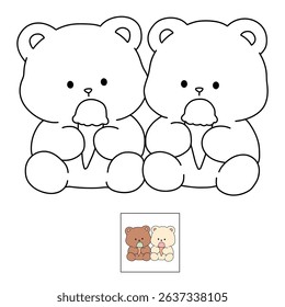 Hand Drawn Outline of Bear Couple Eating Ice Cream. Summer Coloring Page with a Cute Couple of Bears Eating Ice Cream Together. Cute Cozy Coloring Page. Trace and Color Bear Eating Ice Cream Cone.
