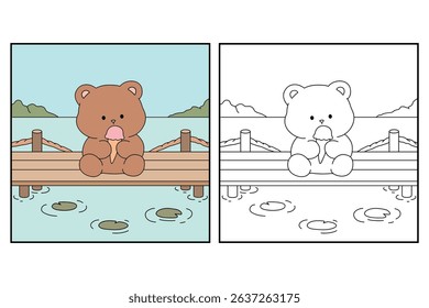 Hand Drawn Outline of Bear Eating Ice Cream at the Lake with Mountain and Water Lilies. Summer Coloring Page with a Cute of Bear Sitting on a Dock Eating Ice Cream. Cozy Coloring Page.