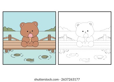 Hand Drawn Outline of Bear Eating Ice Cream at the Lake with Mountain and Water Lilies. Summer Coloring Page with a Cute of Bear Sitting on a Dock Eating Ice Cream. Cozy Coloring Page.
