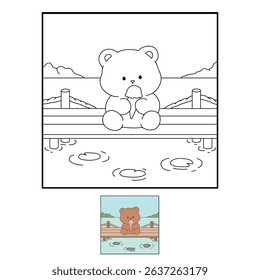 Hand Drawn Outline of Bear Eating Ice Cream at the Lake with Mountain and Water Lilies. Summer Coloring Page with a Cute of Bear Sitting on a Dock Eating Ice Cream. Cozy Coloring Page.