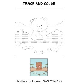 Hand Drawn Outline of Bear Eating Ice Cream at the Lake with Mountain and Water Lilies. Summer Coloring Page with a Cute of Bear Sitting on a Dock Eating Ice Cream. Cozy Coloring Page.